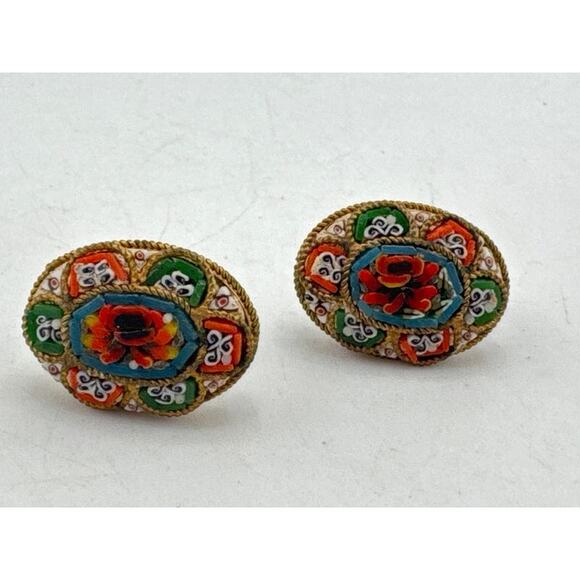 Vintage Italian Micro Mosaic Clip Earrings - Picture 1 of 6